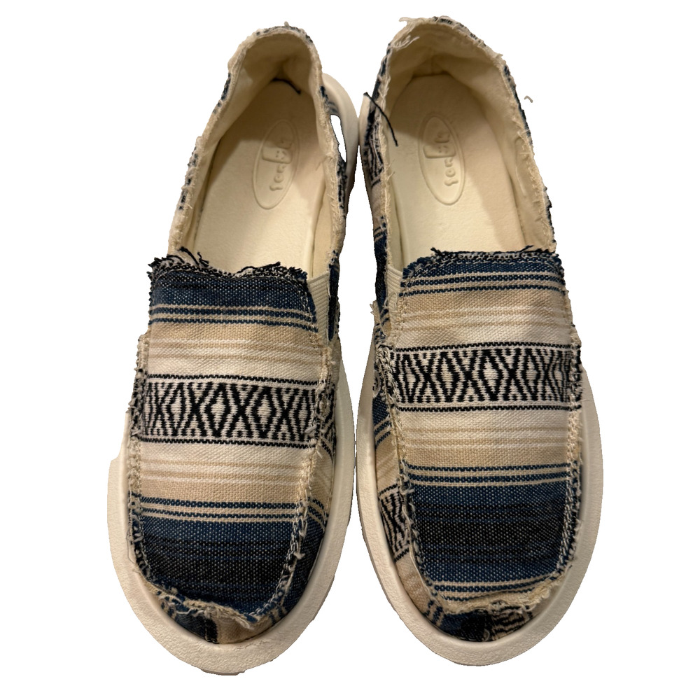 Sanuk Donna Blanket Womens 8 Blue Cream Woven Slip On Loafers Boho Surf Coastal